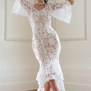 Ivy City Co Cream Lace Flare Sleeve Dress